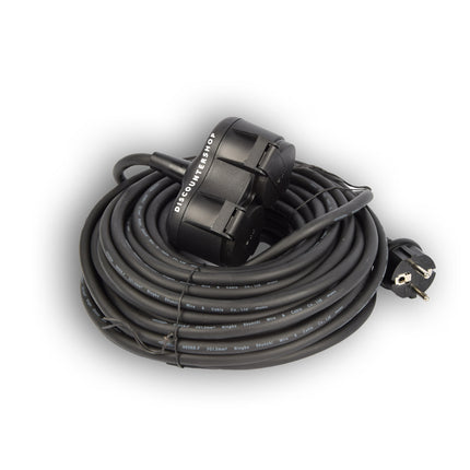 Verlengsnoer met 2 stopcontacten 20 meter - verlengkabel met 2 Schuko stopcontacten, dubbele verlenging,2 geaarde contactbus,rubberen kabel voor buiten, IP44, H05RR-F3G 1,5 mm2 Neopreen. Rubber voor buiten. 20 meter , met twee stekker aansluitingen.