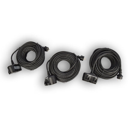 3x Robuust Rubber Verlengsnoer met 2 stopcontacten – cable - 3G1.5MM² - Zwarte - Max 3500 Watt, 20m Kabellengte - IP44 - waterbestendig - 230V