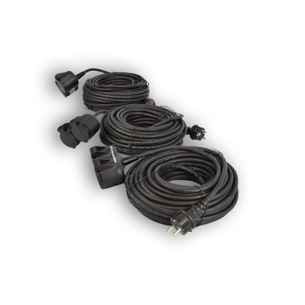 3x Robuust Rubber Verlengsnoer met 2 stopcontacten – cable - 3G1.5MM² - Zwarte - Max 3500 Watt, 20m Kabellengte - IP44 - waterbestendig - 230V