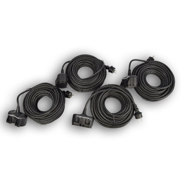 4x Robuust Rubber Verlengsnoer met 2 stopcontacten – cable - 3G1.5MM² - Zwarte - Max 3500 Watt, 20m Kabellengte - IP44 - waterbestendig - 230V