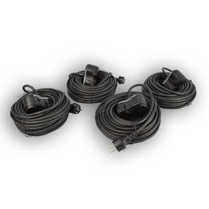 4x Robuust Rubber Verlengsnoer met 2 stopcontacten – cable - 3G1.5MM² - Zwarte - Max 3500 Watt, 20m Kabellengte - IP44 - waterbestendig - 230V