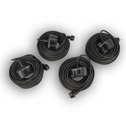 4x Robuust Rubber Verlengsnoer met 2 stopcontacten – cable - 3G1.5MM² - Zwarte - Max 3500 Watt, 20m Kabellengte - IP44 - waterbestendig - 230V