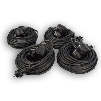 4x Robuust Rubber Verlengsnoer met 2 stopcontacten – cable - 3G1.5MM² - Zwarte - Max 3500 Watt, 20m Kabellengte - IP44 - waterbestendig - 230V