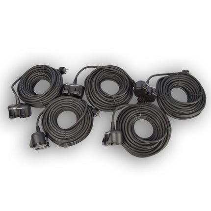 5x Robuust Rubber Verlengsnoer met 2 stopcontacten – cable - 3G1.5MM² - Zwarte - Max 3500 Watt, 20m Kabellengte - IP44 - waterbestendig - 230V