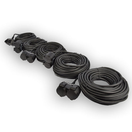 5x Robuust Rubber Verlengsnoer met 2 stopcontacten – cable - 3G1.5MM² - Zwarte - Max 3500 Watt, 20m Kabellengte - IP44 - waterbestendig - 230V