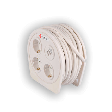 Kwalitatief Verlengsnoer met Stekkerdoos van Kunststof - Wit - Discountershop - 10Mtr - 1100W - 2.4AMP - USB Charger Output