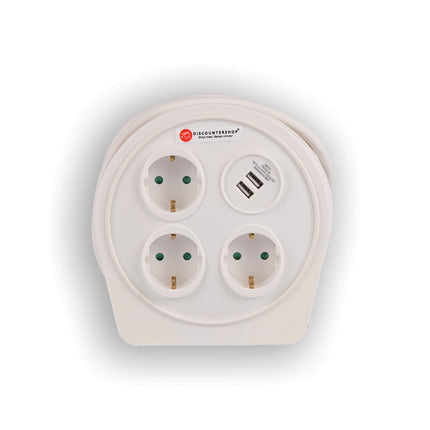 Kwalitatief Verlengsnoer met Stekkerdoos van Kunststof - Wit - Discountershop - 10Mtr - 1100W - 2.4AMP - USB Charger Output