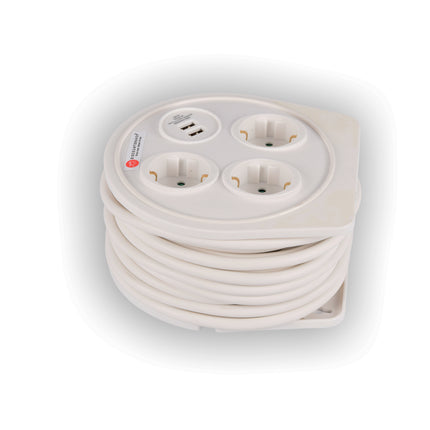 Kwalitatief Verlengsnoer met Stekkerdoos van Kunststof - Wit - Discountershop - 10Mtr - 1100W - 2.4AMP - USB Charger Output
