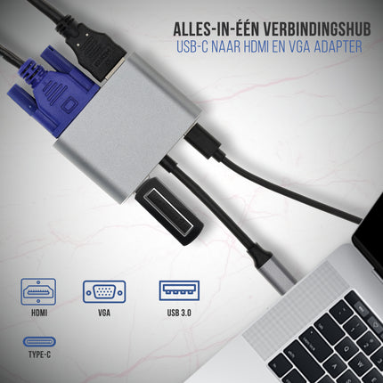 USB-C naar HDMI & VGA Adapter 4-in-1 – Verloopstuk met 4K HDMI, USB 3.0, USB-C Opladen – Geschikt voor MacBook, Laptop, iPad, Chromebook, Samsung & Meer