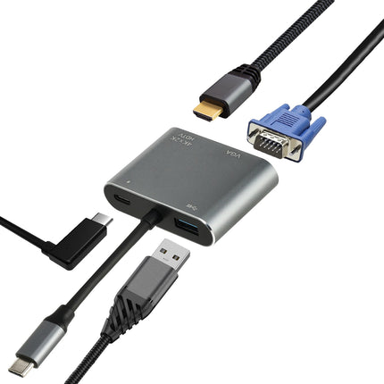 USB-C naar HDMI & VGA Adapter 4-in-1 – Verloopstuk met 4K HDMI, USB 3.0, USB-C Opladen – Geschikt voor MacBook, Laptop, iPad, Chromebook, Samsung & Meer