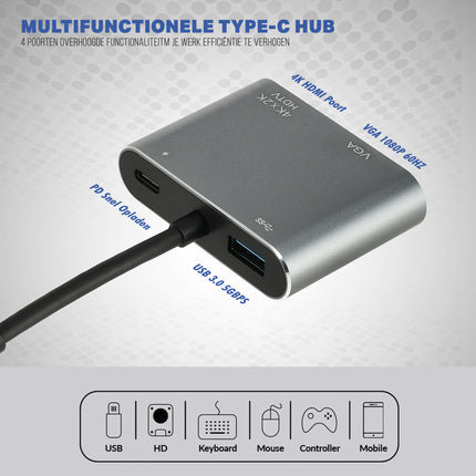 USB-C naar HDMI & VGA Adapter 4-in-1 – Verloopstuk met 4K HDMI, USB 3.0, USB-C Opladen – Geschikt voor MacBook, Laptop, iPad, Chromebook, Samsung & Meer