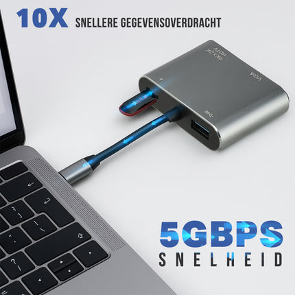 USB-C naar HDMI & VGA Adapter 4-in-1 – Verloopstuk met 4K HDMI, USB 3.0, USB-C Opladen – Geschikt voor MacBook, Laptop, iPad, Chromebook, Samsung & Meer