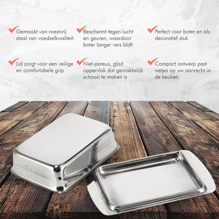 Botervloot RVS - Botervloot Roestvrij Staal - Zilver - Klassiek Ontwerp - Deksel - Voor 250g Boter - Boterschaal - Botervloot voor Koelkast of Aanrecht