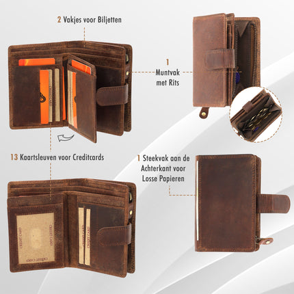 Leren Portemonnee - RFID Portemonnee Leer - 13x9x3cm - Portemonnee met Veel Vakjes voor Pasjes, Muntvak en Ritssluiting - Unisex Anti-Skim Buffelleer Portemonnee