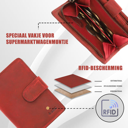 Modieuze Rode Lederen Ritsportemonnee | Dames Portemonnee Met Muntvak | 9X13X3 Cm | 14 Pasjes | 10 Vakken 