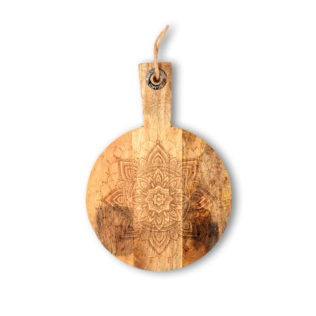 Snijplankje | Houten snijplankje | Met handvat | Rond | Kaasplank | 425 g | donker bruin | 32.5 cm diameter