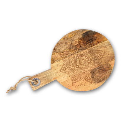 Snijplankje | Houten snijplankje | Met handvat | Rond | Kaasplank | 425 g | donker bruin | 32.5 cm diameter