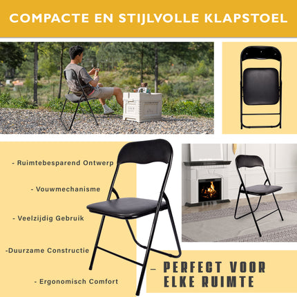 Moderne Zwarte Opvouwbare Eetkamerstoelen | Set van 3 | Polyester en Metaal | 37.5cm x 39cm x 78.5cm | Lichtgewicht Campingstoel met Rugleuning | Inklapbare Keukenstoelen | Ruimtebesparende Eetkamerstoelen