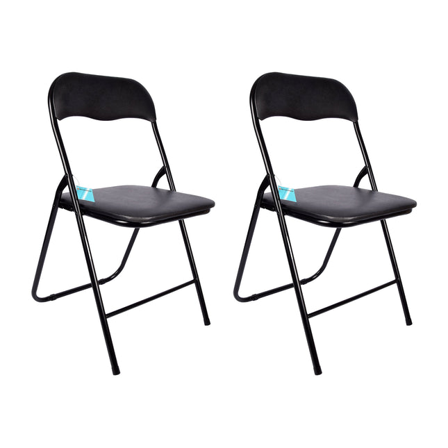 Set van 2 Zwarte Polyester en Metalen Eetkamerstoelen | 37.5cm x 39cm x 78.5cm | Campingstoel Met Rugleuning | Tuinstoel | Klapstoel voor Huishouden | Klapstoel voor Dagelijks Gebruik 