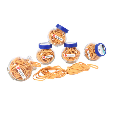 Rubberen Elastiekjes Beige 5 Glazen Flesjes | Sterke Afbreekbare Elastieken voor Haar Kantoor en Knutselen | Perfect Voor Haarstyling en Kantooraccessoires | Lengte 8-12cm Uitrekbaar Tot 30cm