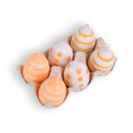 Prachtige Paaskaarsen voor Pasen: 1x Ei Kaars Stip 4x6cm Set - 6 Stuks geel/Wit - 4,5cm Diameter, 6cm Hoogte, 190g Gewicht