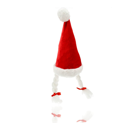 Kerstmutsen Grappig - Rode Kerstmutsen Volwassenen voor Man & Vrouw - 61 cm - Velvet Kerstmuts met Staart & Vlechten - 3 Stuks