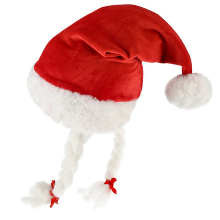 Kerstmutsen Grappig - Rode Kerstmutsen Volwassenen voor Man & Vrouw - 61 cm - Velvet Kerstmuts met Staart & Vlechten - 3 Stuks