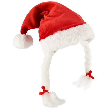 Kerstmutsen Grappig - Rode Kerstmutsen Volwassenen voor Man & Vrouw - 61 cm - Velvet Kerstmuts met Staart & Vlechten - 3 Stuks