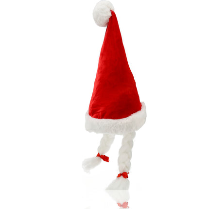 Kerstmuts Grappig Volwassenen Set van 2 - Voor Dames & Heren - met Staart & Vlechten - Omtrek 61 cm - Rode Goedkope en Te Gekke Kerstmutsen