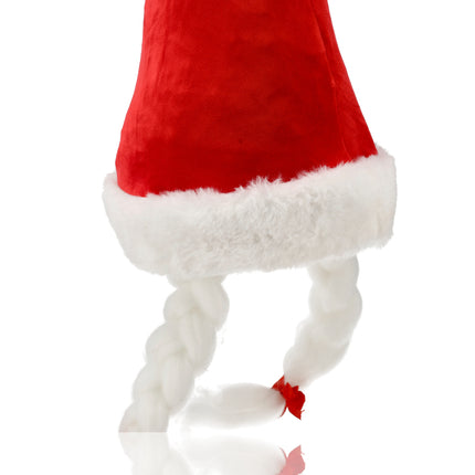 Kerstmuts Grappig Volwassenen Set van 2 - Voor Dames & Heren - met Staart & Vlechten - Omtrek 61 cm - Rode Goedkope en Te Gekke Kerstmutsen
