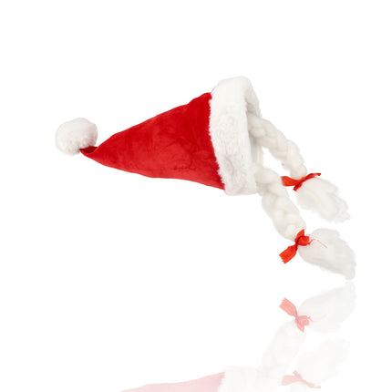 Kerstmut Volwassenen - Kerstmuts Grappig met Pompom & Vlechten - Omtrek 61 cm - Velvet Kerstcadeau voor Kerstmis