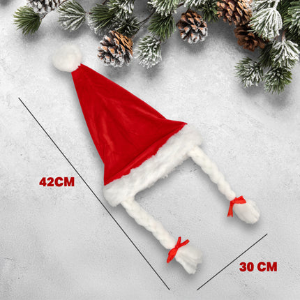 Kerstmutsen Grappig - Rode Kerstmutsen Volwassenen voor Man & Vrouw - 61 cm - Velvet Kerstmuts met Staart & Vlechten - 3 Stuks