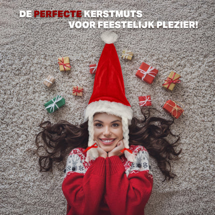 Kerstmutsen Grappig - Rode Kerstmutsen Volwassenen voor Man & Vrouw - 61 cm - Velvet Kerstmuts met Staart & Vlechten - 3 Stuks