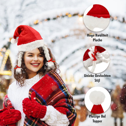 Kerstmut Volwassenen - Kerstmuts Grappig met Pompom & Vlechten - Omtrek 61 cm - Velvet Kerstcadeau voor Kerstmis