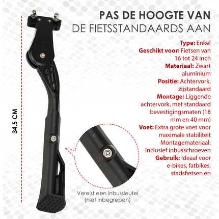 Fietsstandaard Achtervork 16-24 Inch | Enkele Zijstandaard voor Kinderfiets, Vouwfiets, Mountainbike & Elektrische Fietsen | Extra Stevige | Verstelbare Fietsaccessoires