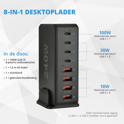 Snellader 240W GaN III – 8-Poorts USB-C Oplaadstation | Fast Charger voor MacBook, iPhone 15, Samsung S24 | PD Charger | USB Hub met Voeding & Snelladen