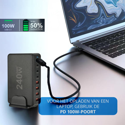 Snellader 240W GaN III – 8-Poorts USB-C Oplaadstation | Fast Charger voor MacBook, iPhone 15, Samsung S24 | PD Charger | USB Hub met Voeding & Snelladen
