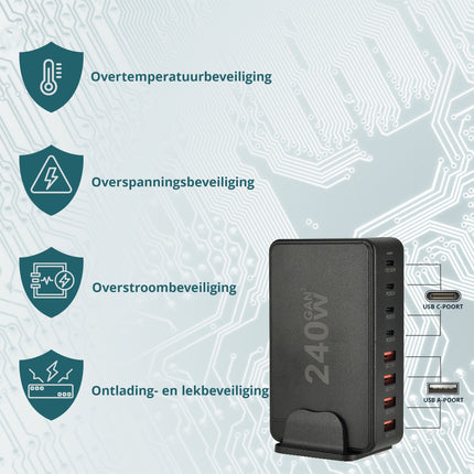 Snellader 240W GaN III – 8-Poorts USB-C Oplaadstation | Fast Charger voor MacBook, iPhone 15, Samsung S24 | PD Charger | USB Hub met Voeding & Snelladen