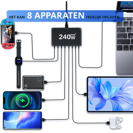 Snellader 240W GaN III – 8-Poorts USB-C Oplaadstation | Fast Charger voor MacBook, iPhone 15, Samsung S24 | PD Charger | USB Hub met Voeding & Snelladen