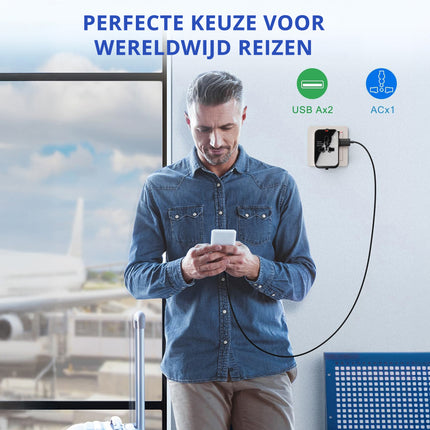 Universele Wereldstekker met USB – Internationale Reisadapter voor 150+ Landen | USA, UK, Australië, Azië & Europa | Universele Reisstekker met 2 USB Poorten – Zwart