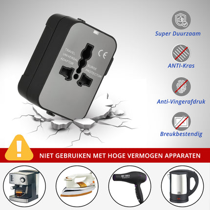 Universele Wereldstekker met USB – Internationale Reisadapter voor 150+ Landen | USA, UK, Australië, Azië & Europa | Universele Reisstekker met 2 USB Poorten – Zwart