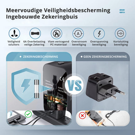Universele Wereldstekker met USB – Internationale Reisadapter voor 150+ Landen | USA, UK, Australië, Azië & Europa | Universele Reisstekker met 2 USB Poorten – Zwart