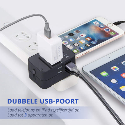 Universele Wereldstekker met USB – Internationale Reisadapter voor 150+ Landen | USA, UK, Australië, Azië & Europa | Universele Reisstekker met 2 USB Poorten – Zwart