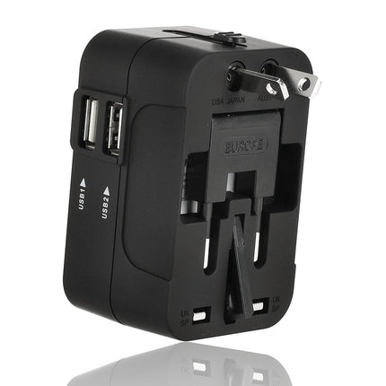Universele Wereldstekker met USB – Internationale Reisadapter voor 150+ Landen | USA, UK, Australië, Azië & Europa | Universele Reisstekker met 2 USB Poorten – Zwart