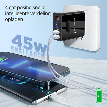 Samsung & iPhone Snellader 45W - 2x USB-C & 2x USB-A | Universele Snelle Oplader voor Smartphones, Tablets, iPads, Android & Laptops - Zwart