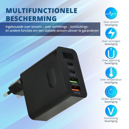 Samsung & iPhone Snellader 45W - 2x USB-C & 2x USB-A | Universele Snelle Oplader voor Smartphones, Tablets, iPads, Android & Laptops - Zwart