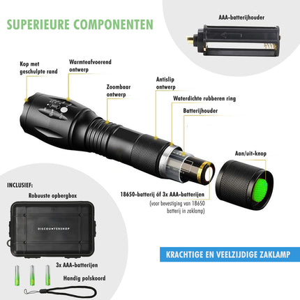 Militaire Zaklamp 2000 Lumen – Waterdichte LED Zaklamp met UV – 300m Bereik – 3 Standen – Tactische Zaklamp op Batterijen – Beste Zaklamp voor Outdoor, Kamperen & Noodsituaties