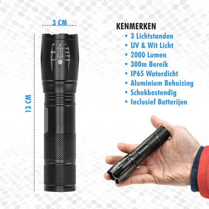 Militaire Zaklamp 2000 Lumen – Waterdichte LED Zaklamp met UV – 300m Bereik – 3 Standen – Tactische Zaklamp op Batterijen – Beste Zaklamp voor Outdoor, Kamperen & Noodsituaties