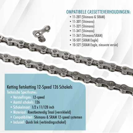 Fietsketting 12-Speed – 126 Schakels – Voor Shimano & SRAM – 1/2 x 11/128 Inch – Inclusief Verbindingsschakel – Geschikt voor Racefiets, MTB & E-Bike