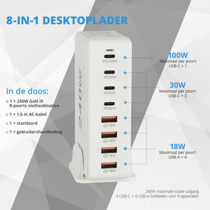 USB-C Snellader 240W – 8-Poorts GaN III Oplader met PD100W, PD30W & QC18W – Snelle USB-C Lader voor Laptop, Smartphone & Tablet
